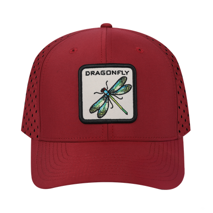 Dragonfly 6-Panel Microfiber Laser Hole Trucker Hat with Dark Red front and Dark Red back