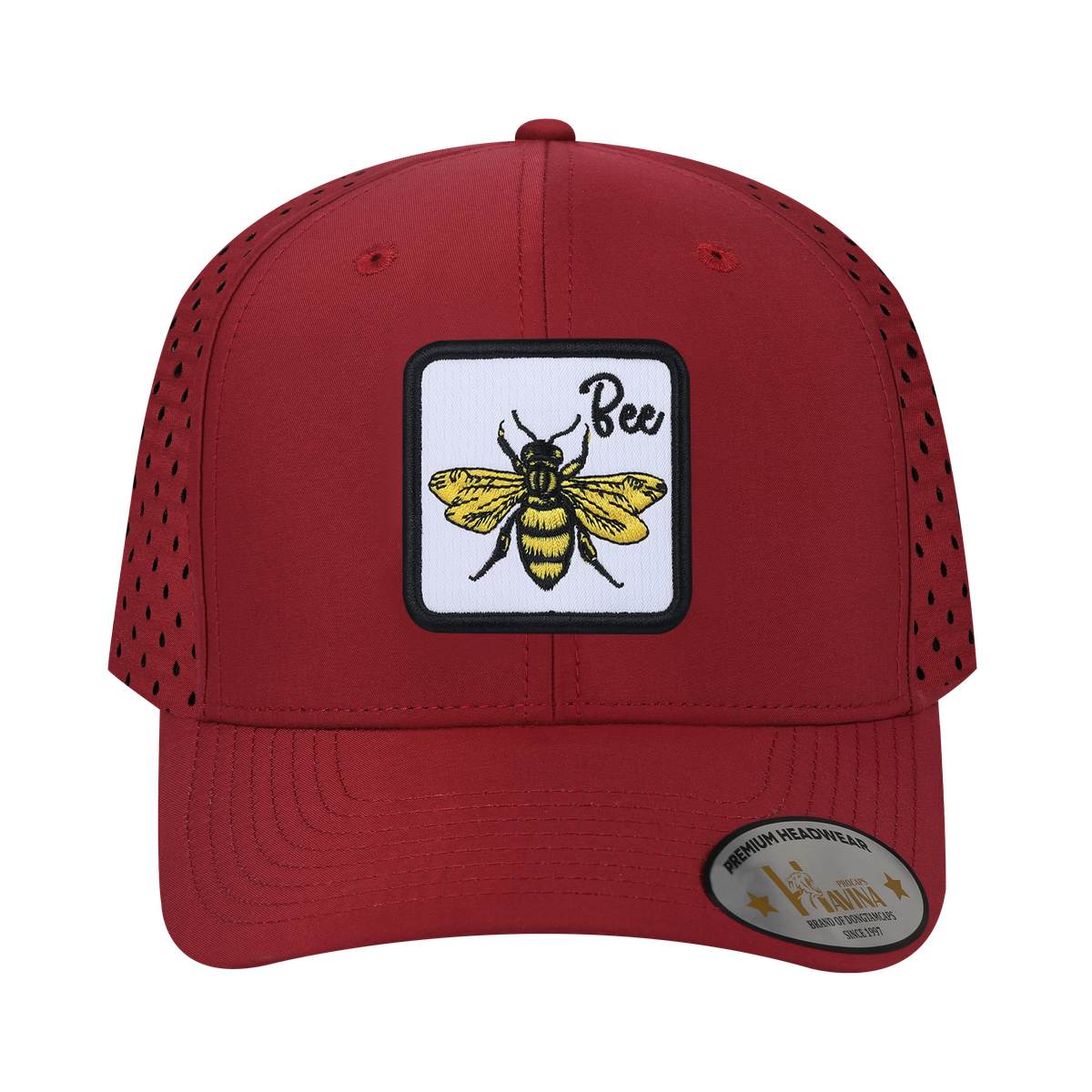 Bee 6-Panel Microfiber Laser Hole Trucker Hat with Dark Red front and Dark Red back