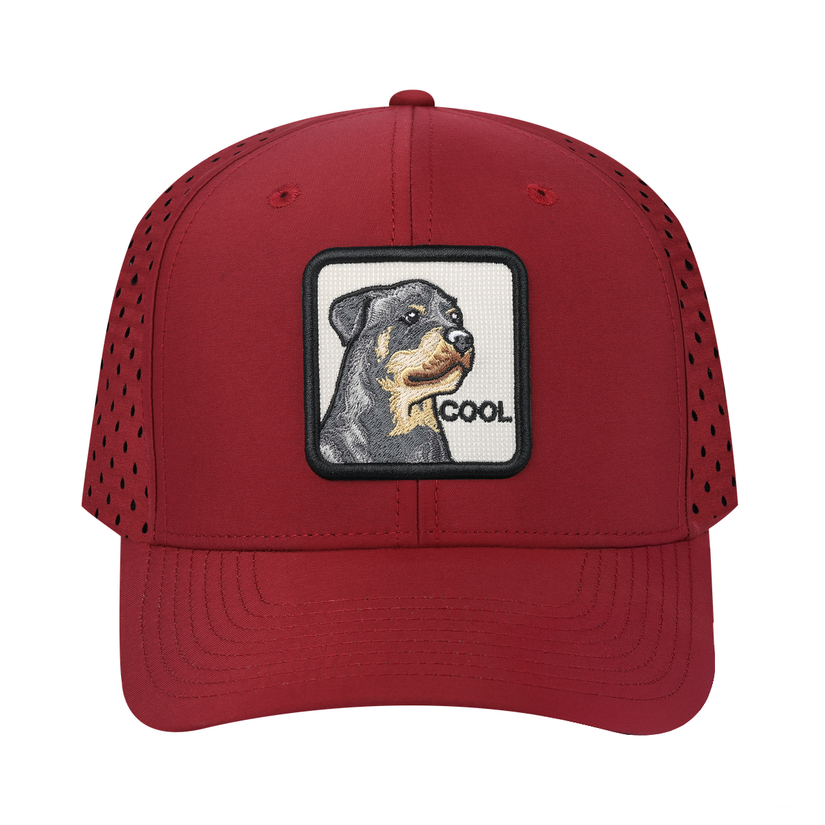 Cool 6-Panel Microfiber Laser Hole Trucker Hat with Dark Red front and Dark Red back