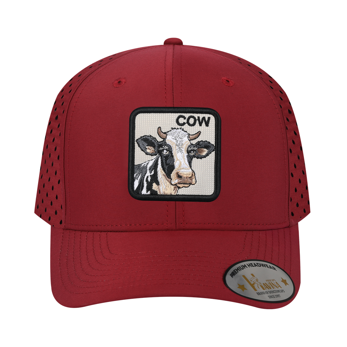 Cow 6-Panel Microfiber Laser Hole Trucker Hat with Dark Red front and Dark Red back