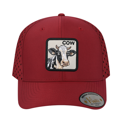 Cow 6-Panel Microfiber Laser Hole Trucker Hat with Dark Red front and Dark Red back