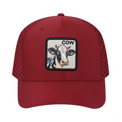 Cow 6-Panel Microfiber Laser Hole Trucker Hat with Dark Red front and Dark Red back
