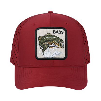 Bass 6-Panel Microfiber Laser Hole Trucker Hat with Dark Red front and Dark Red back