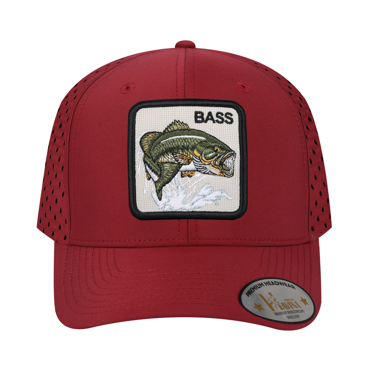 Bass 6-Panel Microfiber Laser Hole Trucker Hat with Dark Red front and Dark Red back