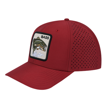 Bass 6-Panel Microfiber Laser Hole Trucker Hat with Dark Red front and Dark Red back