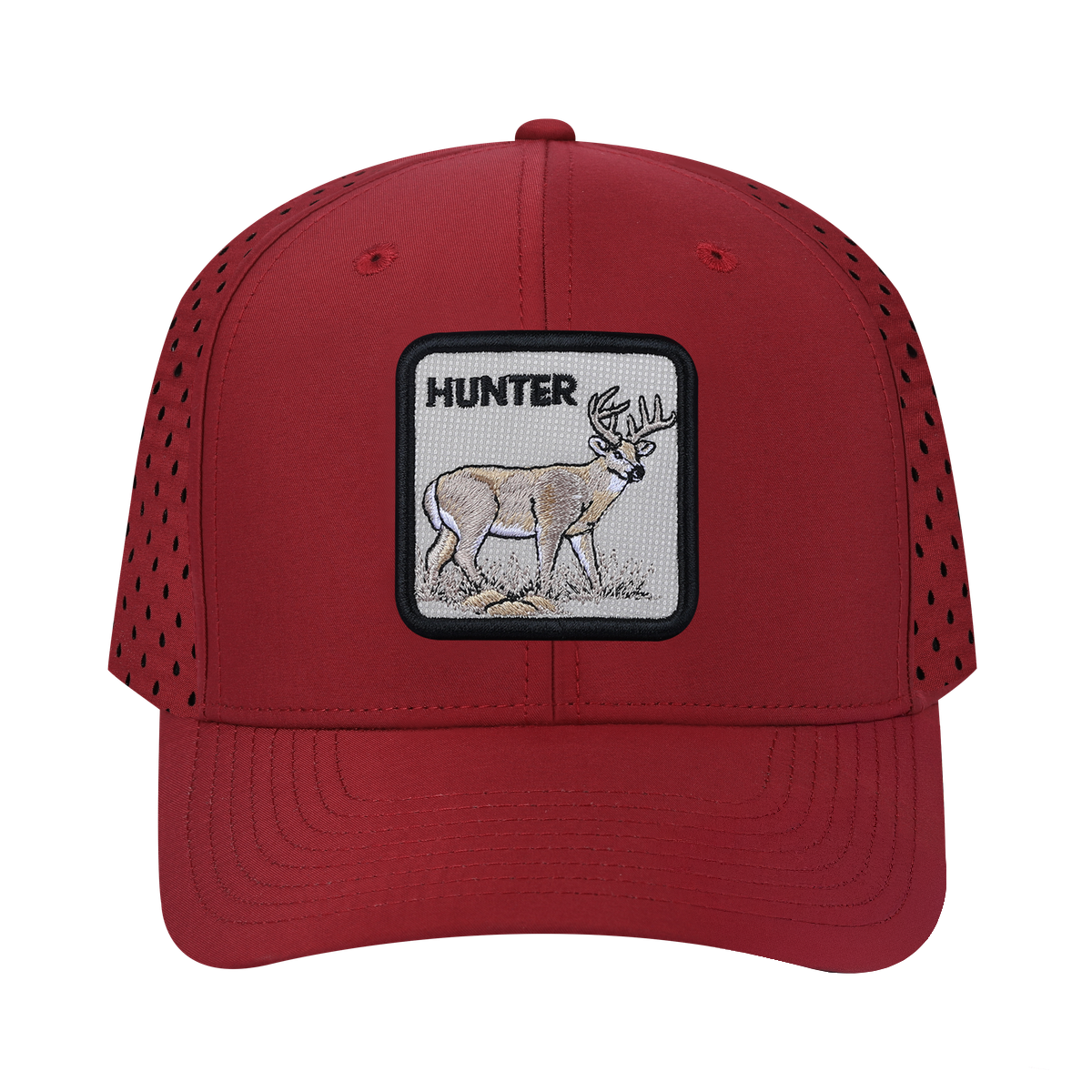 Hunter 6-Panel Microfiber Laser Hole Trucker Hat with Dark Red front and Dark Red back