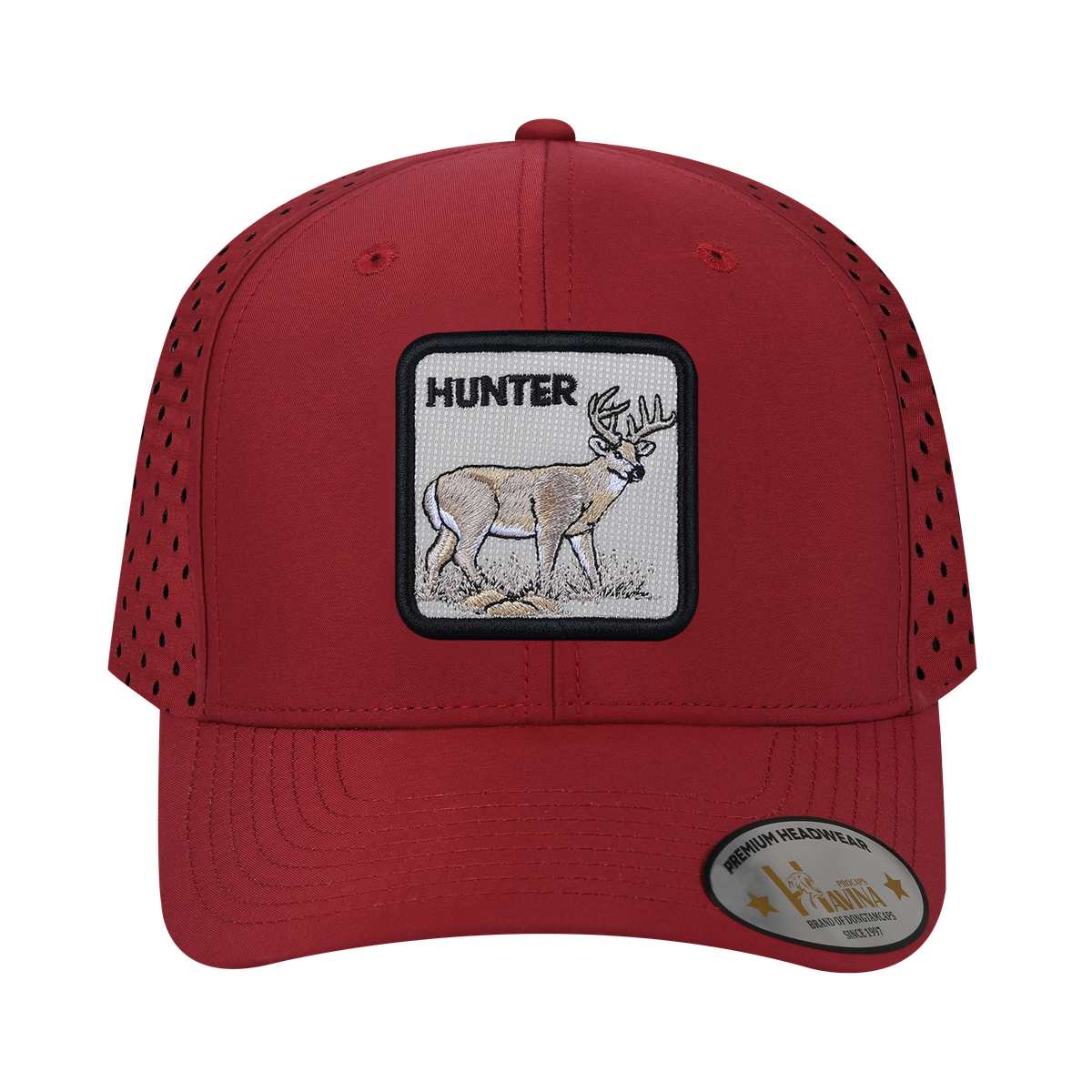 Hunter 6-Panel Microfiber Laser Hole Trucker Hat with Dark Red front and Dark Red back