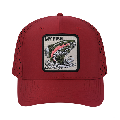 My Fish 6-Panel Microfiber Laser Hole Trucker Hat with Dark Red front and Dark Red back