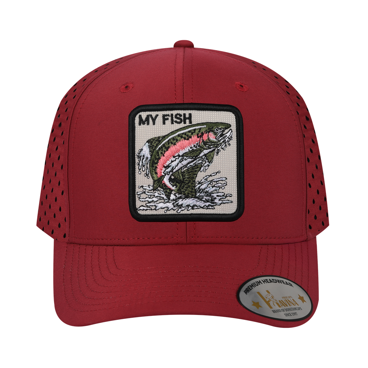 My Fish 6-Panel Microfiber Laser Hole Trucker Hat with Dark Red front and Dark Red back