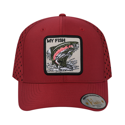 My Fish 6-Panel Microfiber Laser Hole Trucker Hat with Dark Red front and Dark Red back