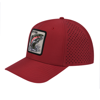 My Fish 6-Panel Microfiber Laser Hole Trucker Hat with Dark Red front and Dark Red back