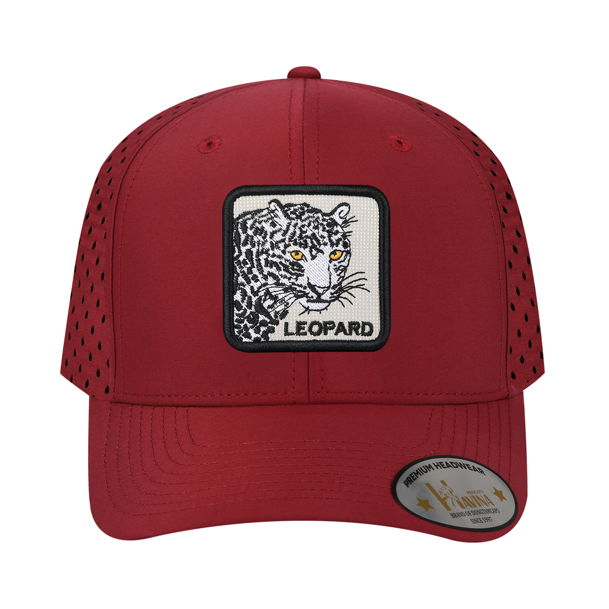 Leopard 6-Panel Microfiber Laser Hole Trucker Hat with Dark Red front and Dark Red back