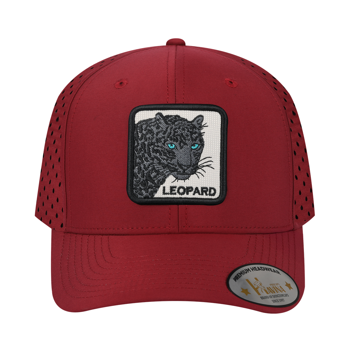 Leopard V2 6-Panel Microfiber Laser Hole Trucker Hat with Dark Red front and Dark Red back