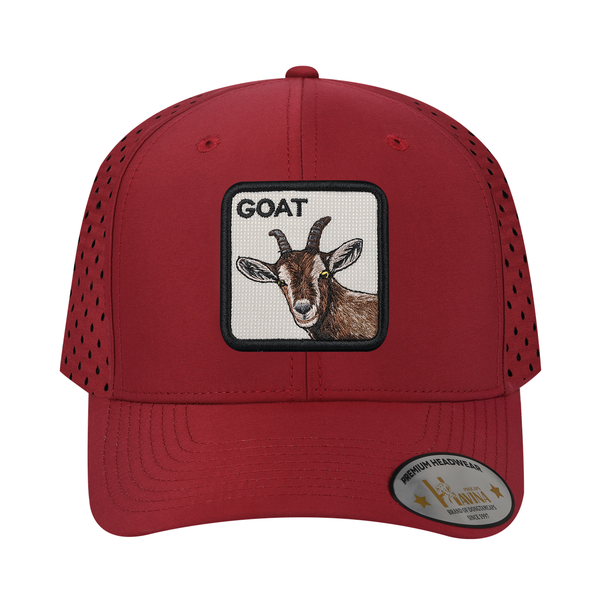 Goat 6-Panel Microfiber Laser Hole Trucker Hat with Dark Red front and Dark Red back