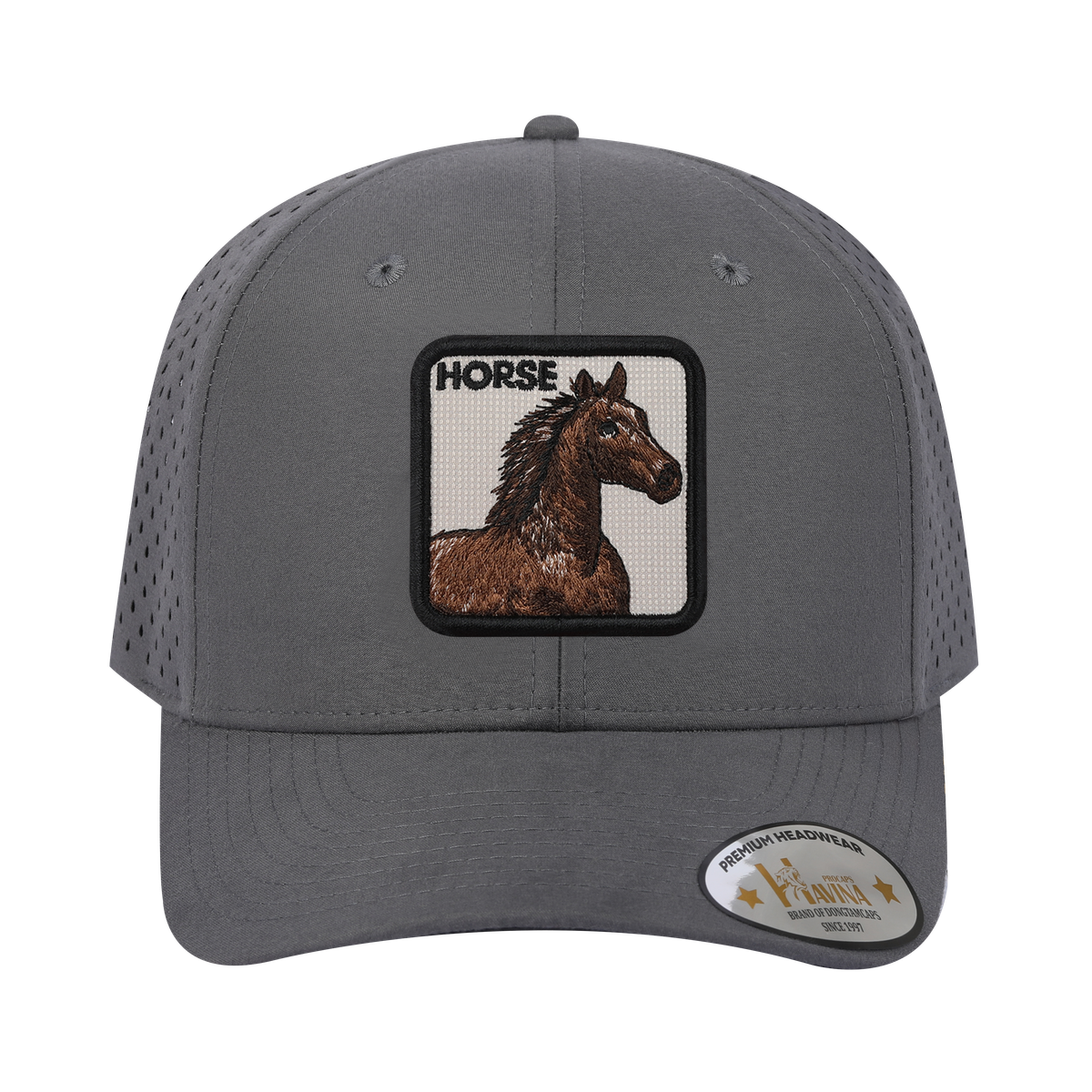 Embroidered The Horse - 6 Panel Microfiber Laser hole Trucker Hat - Grey/Grey