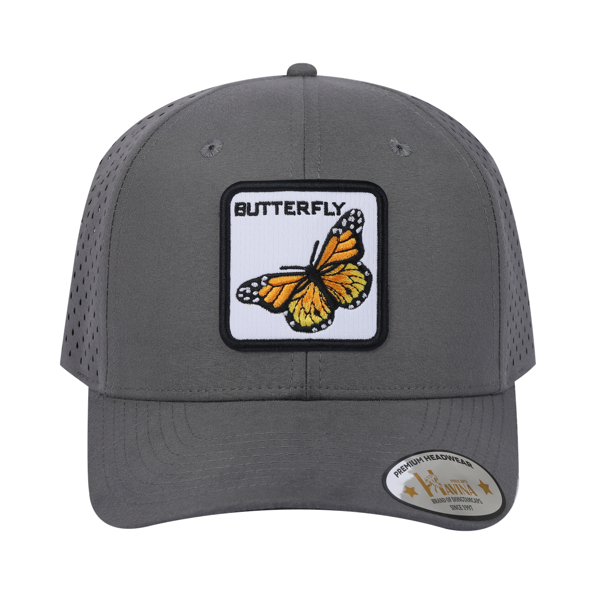 Butterfly 6-Panel Microfiber Laser Hole Trucker Hat with Grey front and Grey back