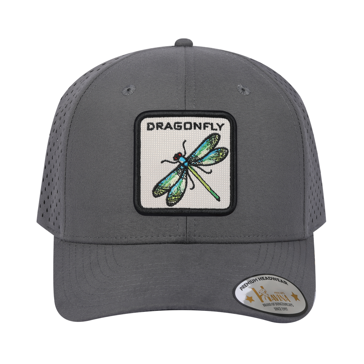 Dragonfly 6-Panel Microfiber Laser Hole Trucker Hat with Grey front and Grey back