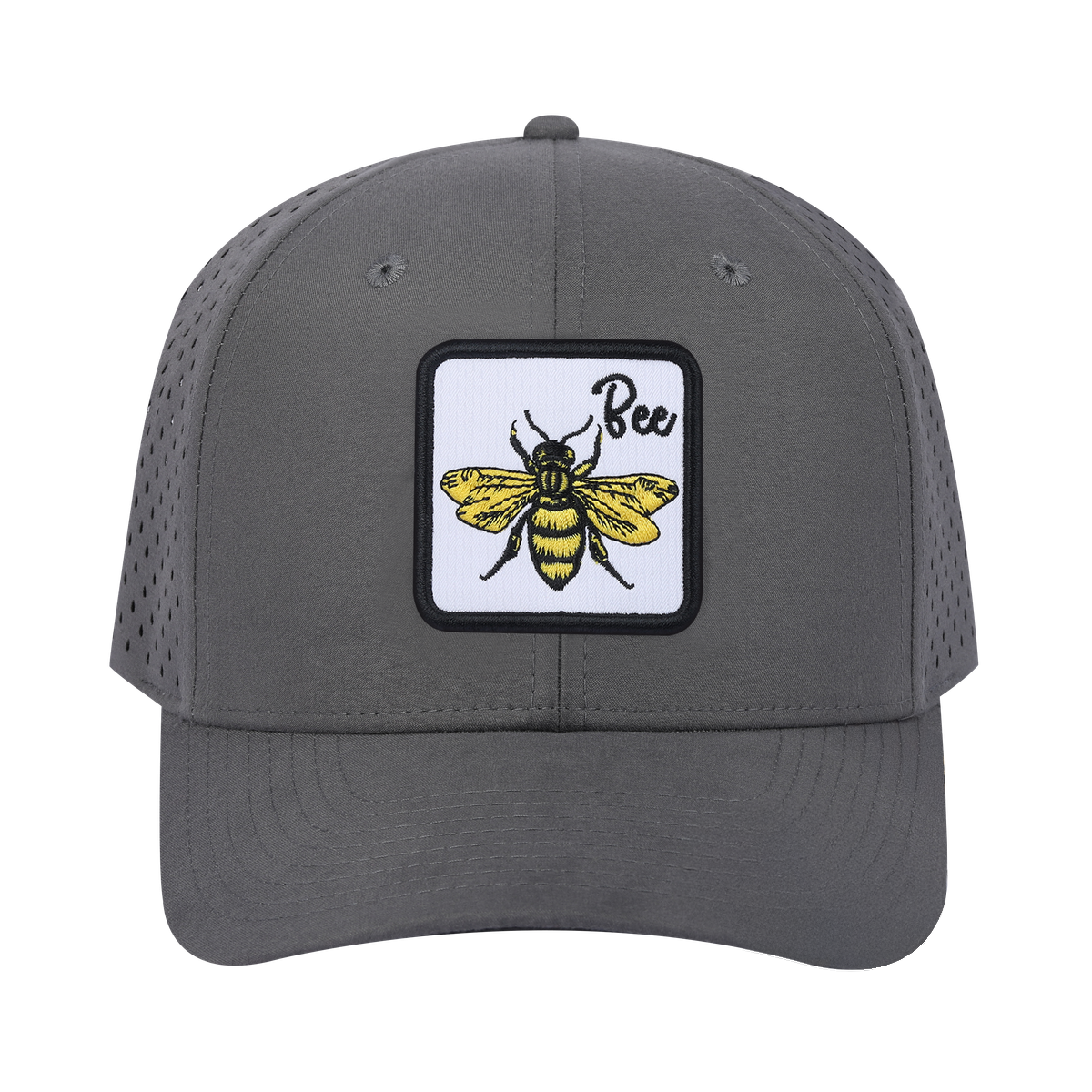 Bee 6-Panel Microfiber Laser Hole Trucker Hat with Grey front and Grey back