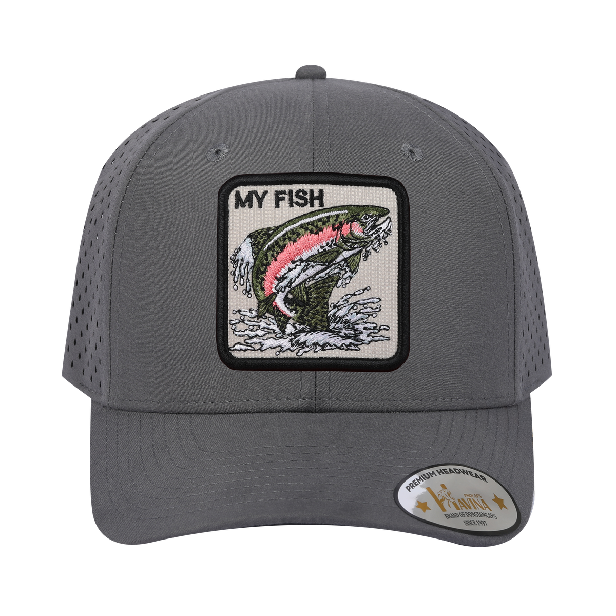 Embroidered The My Fish - 6 Panel Microfiber Laser hole Trucker Hat - Grey/Grey