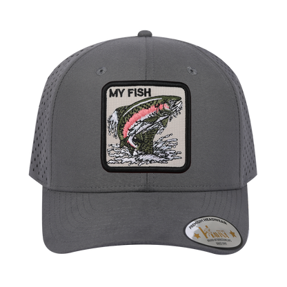 Embroidered The My Fish - 6 Panel Microfiber Laser hole Trucker Hat - Grey/Grey