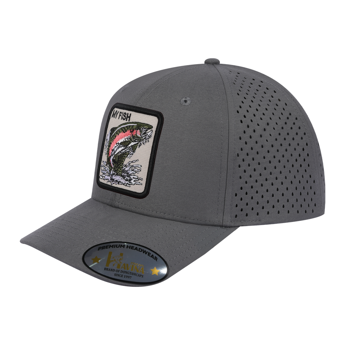 Embroidered The My Fish - 6 Panel Microfiber Laser hole Trucker Hat - Grey/Grey