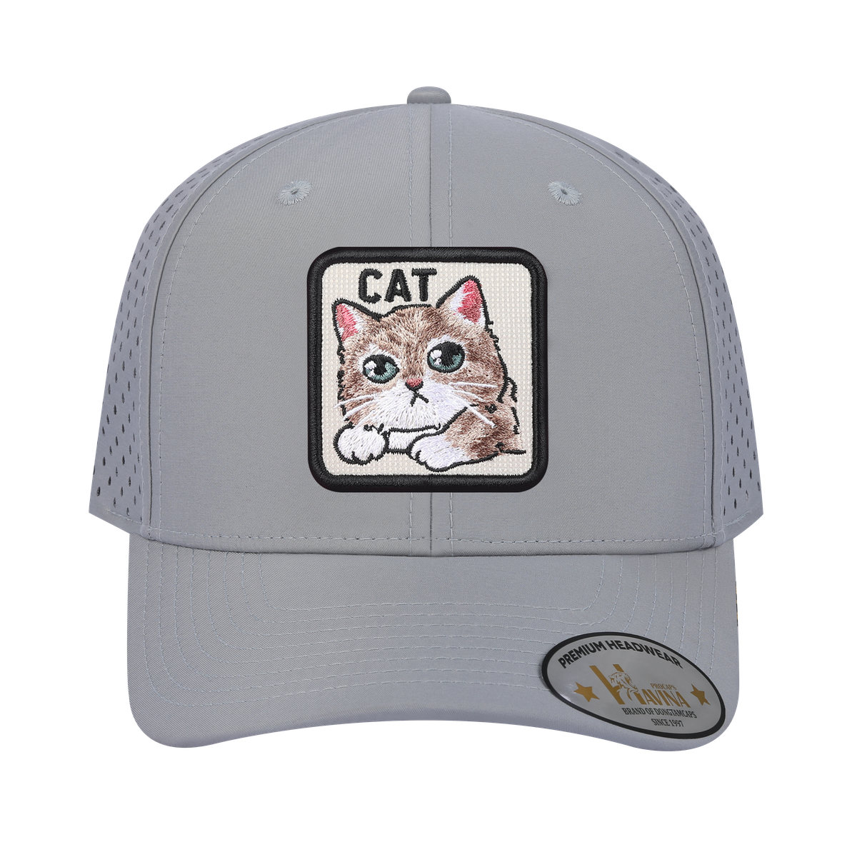 Cat 6-Panel Microfiber Laser Hole Trucker Hat with Light Grey front and Light Grey back