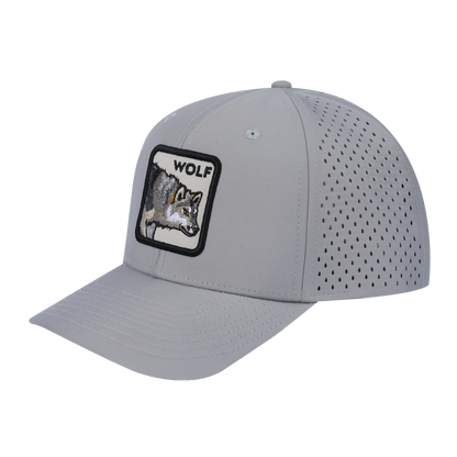 Wolf 6-Panel Microfiber Laser Hole Trucker Hat with Light Grey front and Light Grey back