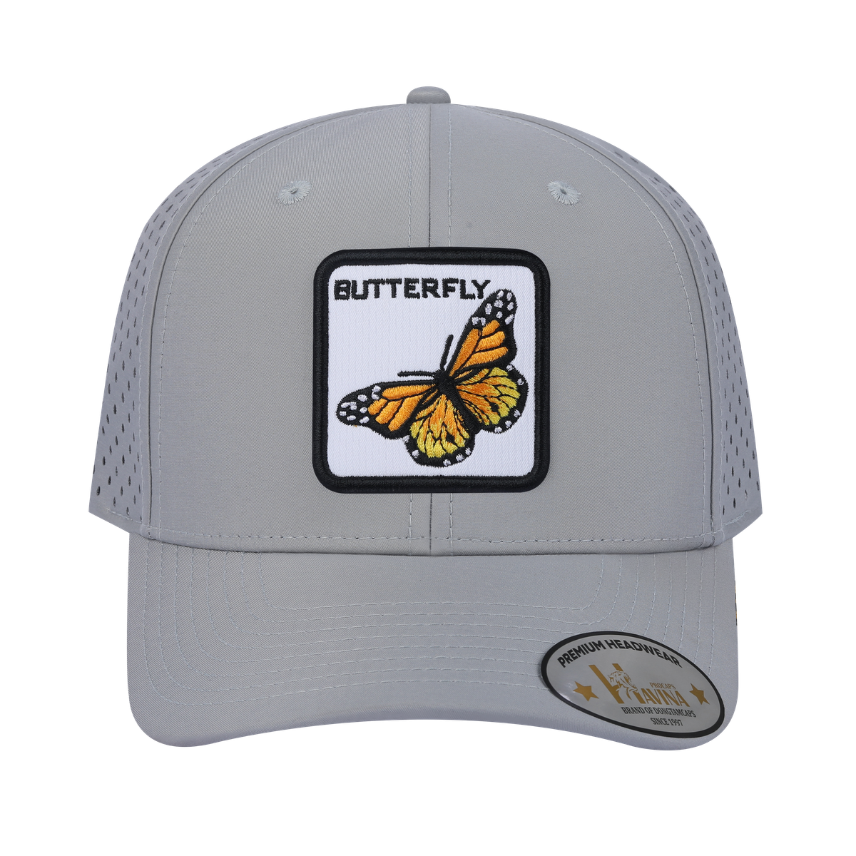 Butterfly 6-Panel Microfiber Laser Hole Trucker Hat with Light Grey front and Light Grey back