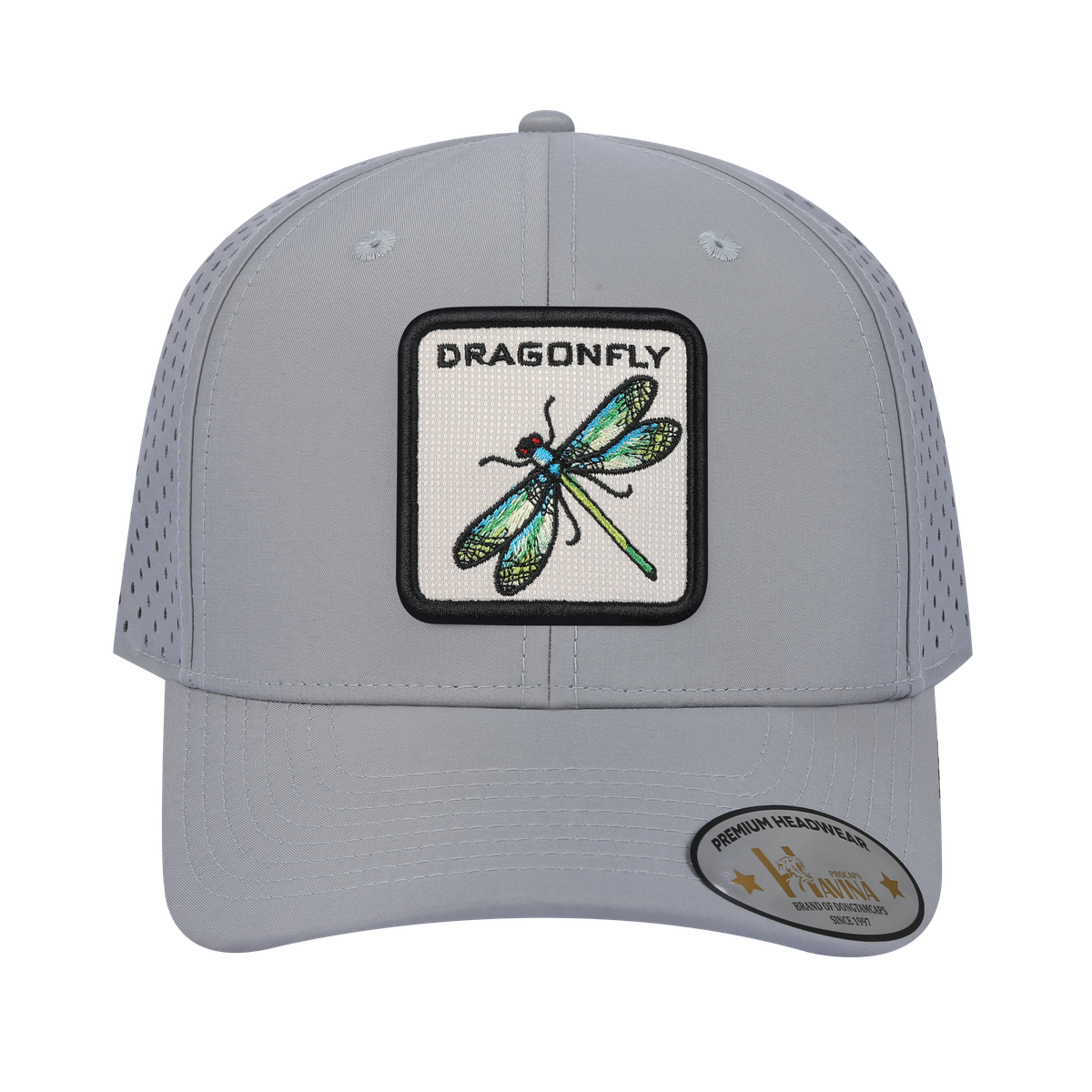 Dragonfly 6-Panel Microfiber Laser Hole Trucker Hat with Light Grey front and Light Grey back