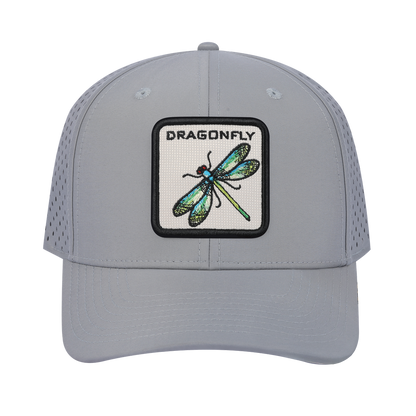Dragonfly 6-Panel Microfiber Laser Hole Trucker Hat with Light Grey front and Light Grey back