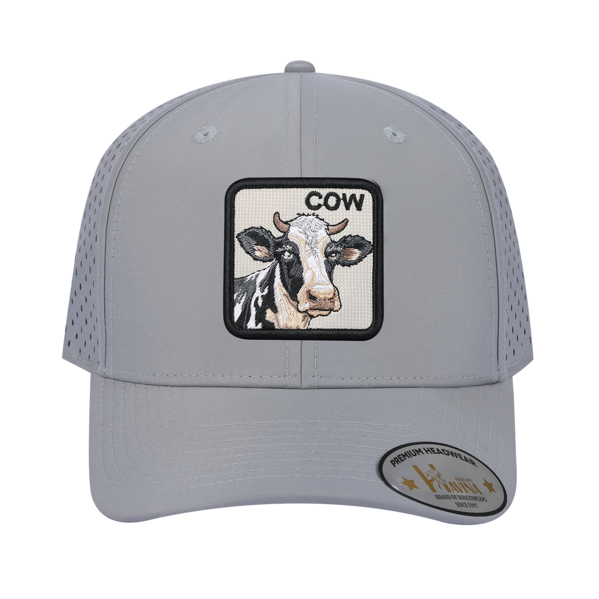 Cow 6-Panel Microfiber Laser Hole Trucker Hat with Light Grey front and Light Grey back
