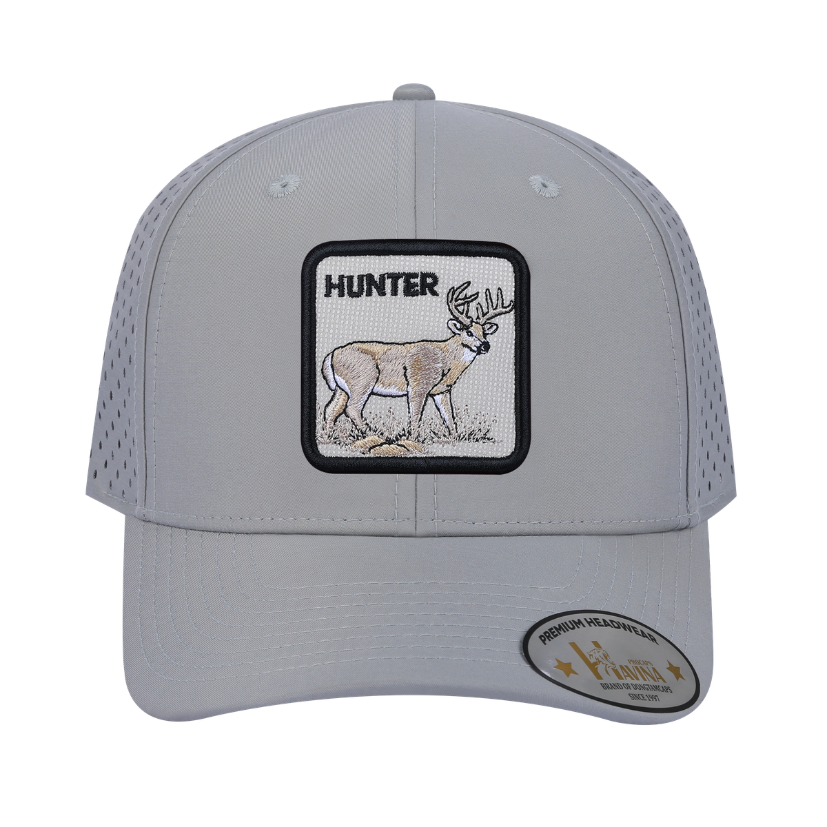 Hunter 6-Panel Microfiber Laser Hole Trucker Hat with Light Grey front and Light Grey back
