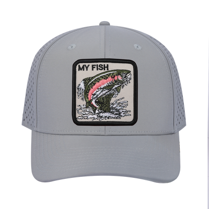 My Fish 6-Panel Microfiber Laser Hole Trucker Hat with Light Grey front and Light Grey back