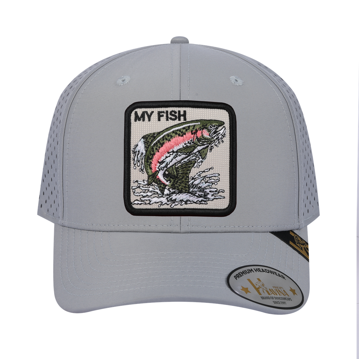 My Fish 6-Panel Microfiber Laser Hole Trucker Hat with Light Grey front and Light Grey back