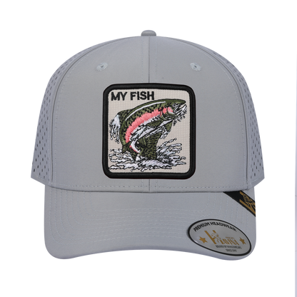 My Fish 6-Panel Microfiber Laser Hole Trucker Hat with Light Grey front and Light Grey back