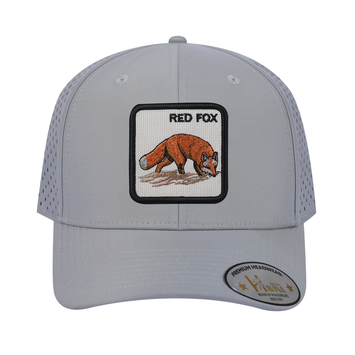 Red Fox 6-Panel Microfiber Laser Hole Trucker Hat with Light Grey front and Light Grey back