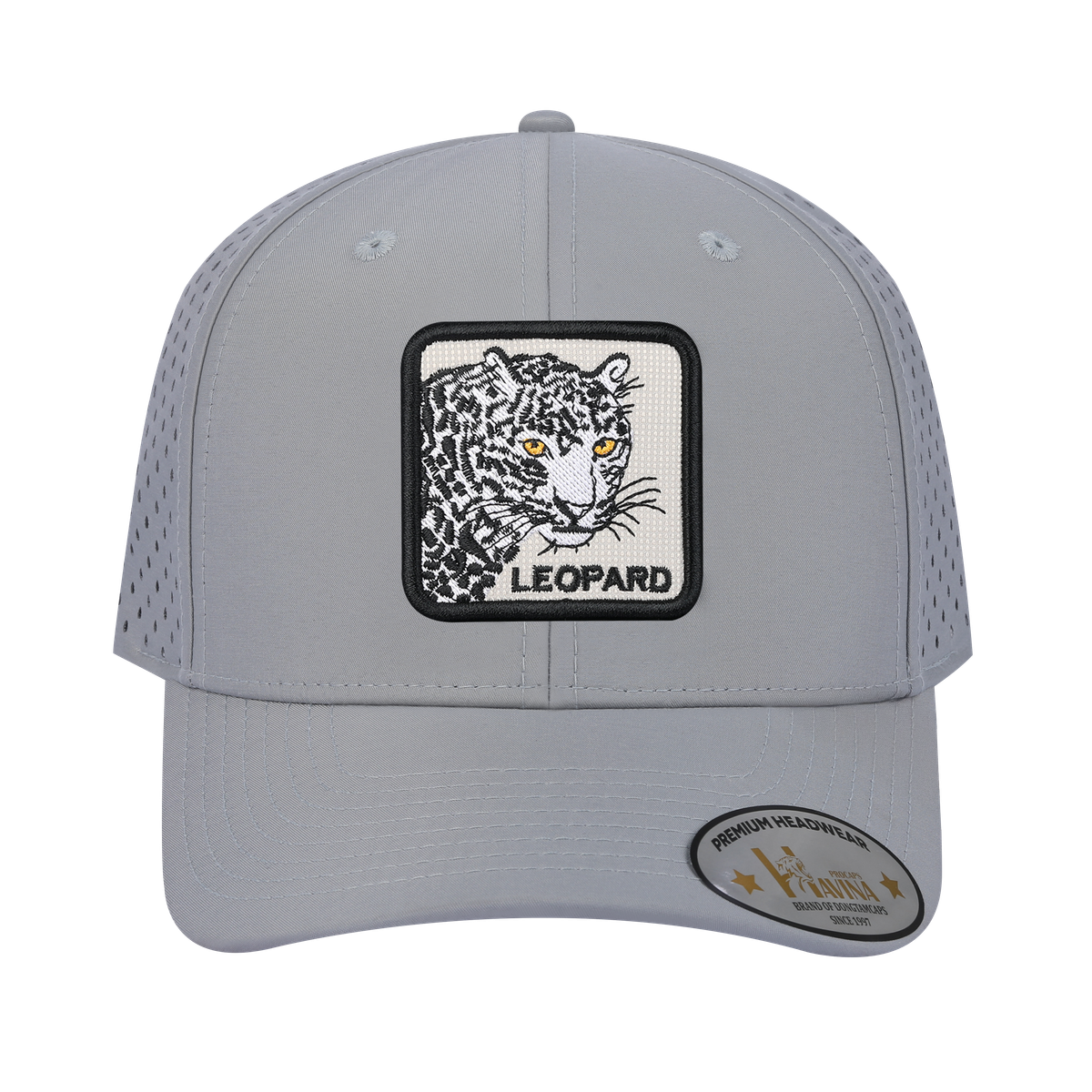 Leopard 6-Panel Microfiber Laser Hole Trucker Hat with Light Grey front and Light Grey back
