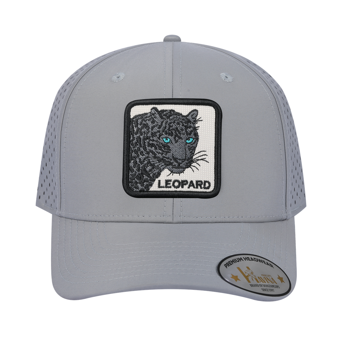 Leopard V2 6-Panel Microfiber Laser Hole Trucker Hat with Light Grey front and Light Grey back