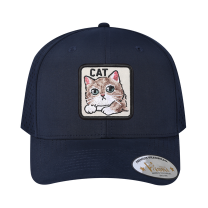 Cat 6-Panel Microfiber Laser Hole Trucker Hat with Navy front and Navy back