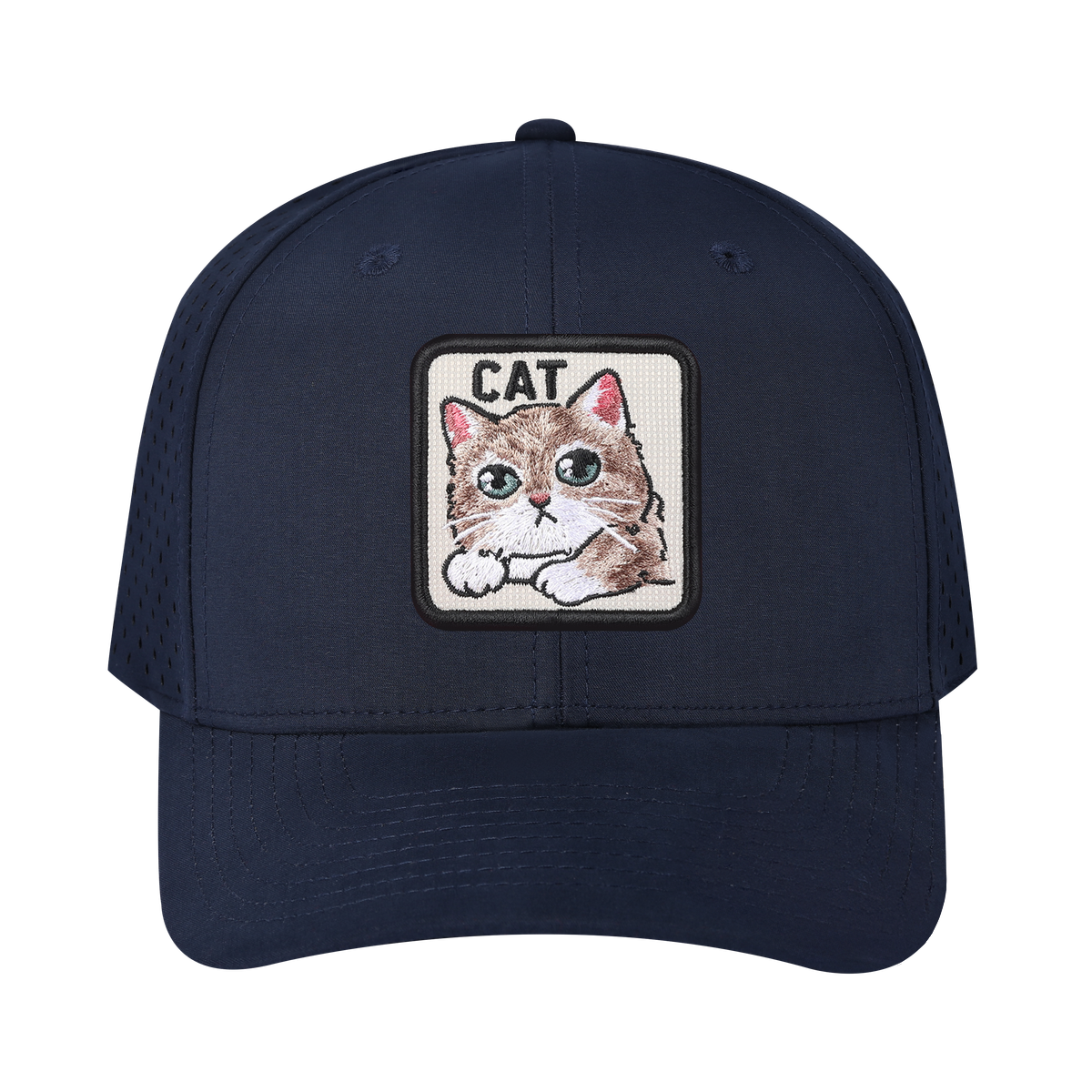 Cat 6-Panel Microfiber Laser Hole Trucker Hat with Navy front and Navy back