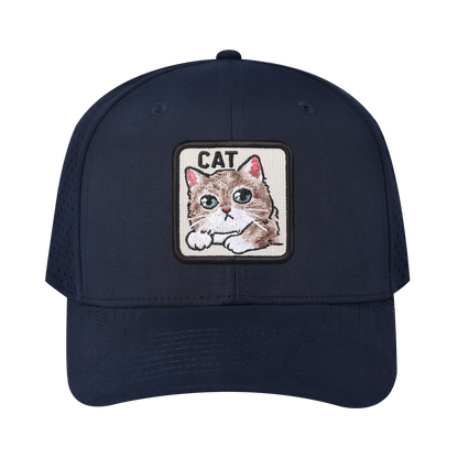 Cat 6-Panel Microfiber Laser Hole Trucker Hat with Navy front and Navy back