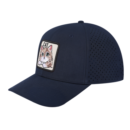 Cat 6-Panel Microfiber Laser Hole Trucker Hat with Navy front and Navy back