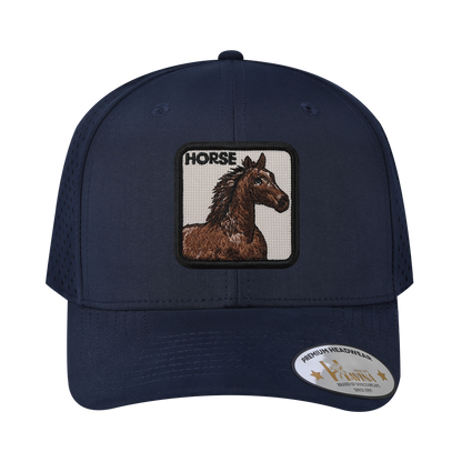 Horse 6-Panel Microfiber Laser Hole Trucker Hat with Navy front and Navy back