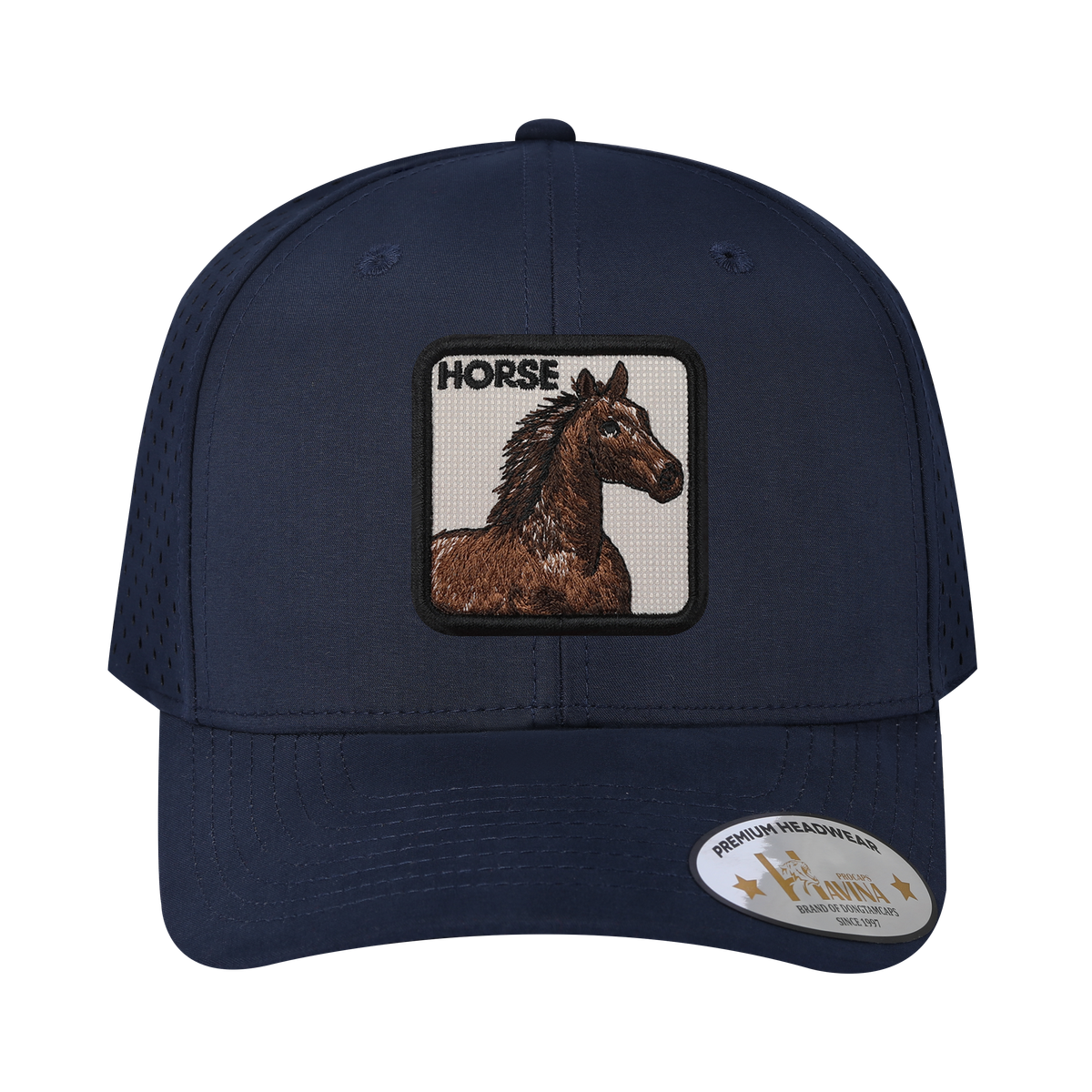 Embroidered The Horse - 6 Panel Microfiber Laser hole Trucker Hat - Navy/Navy
