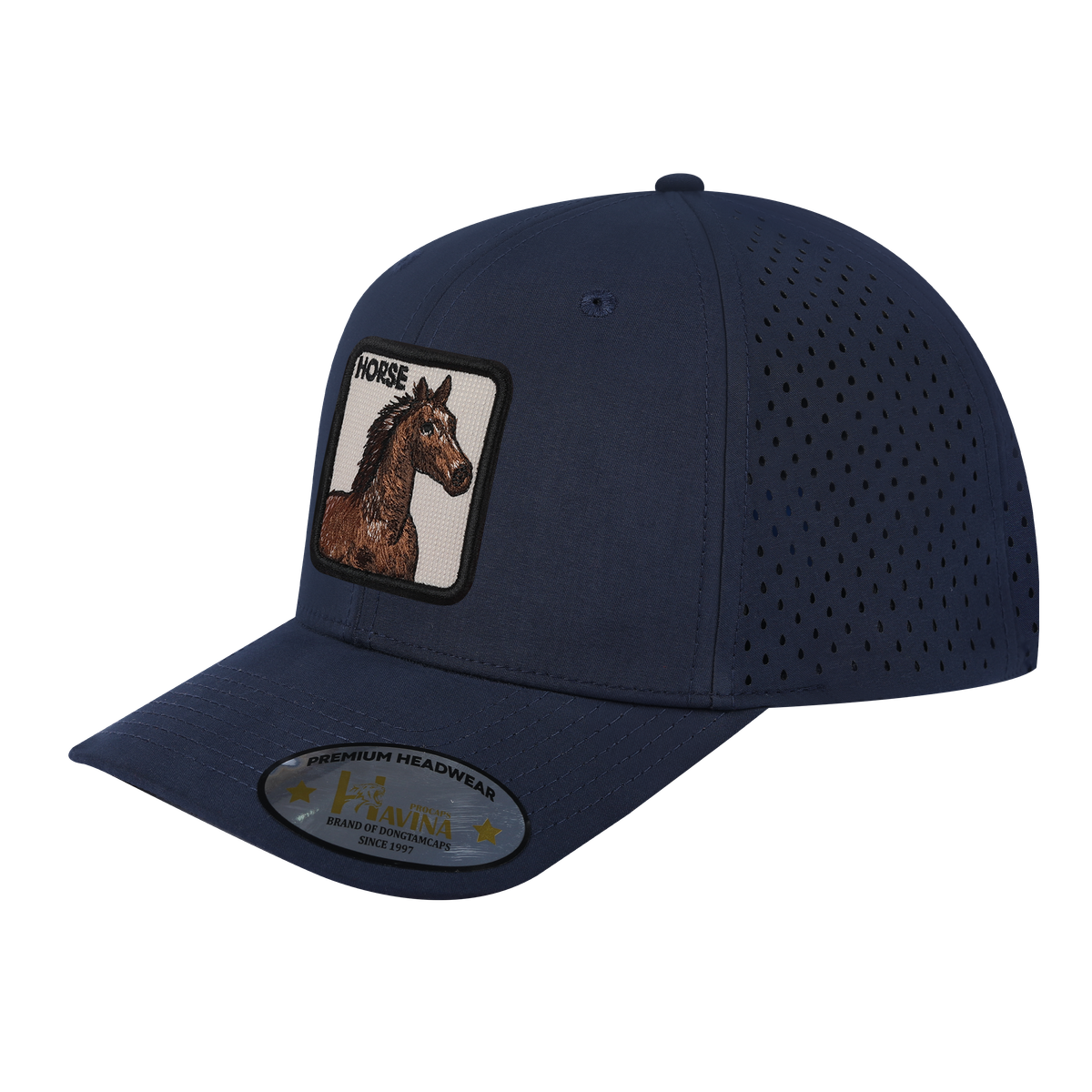 Horse 6-Panel Microfiber Laser Hole Trucker Hat with Navy front and Navy back