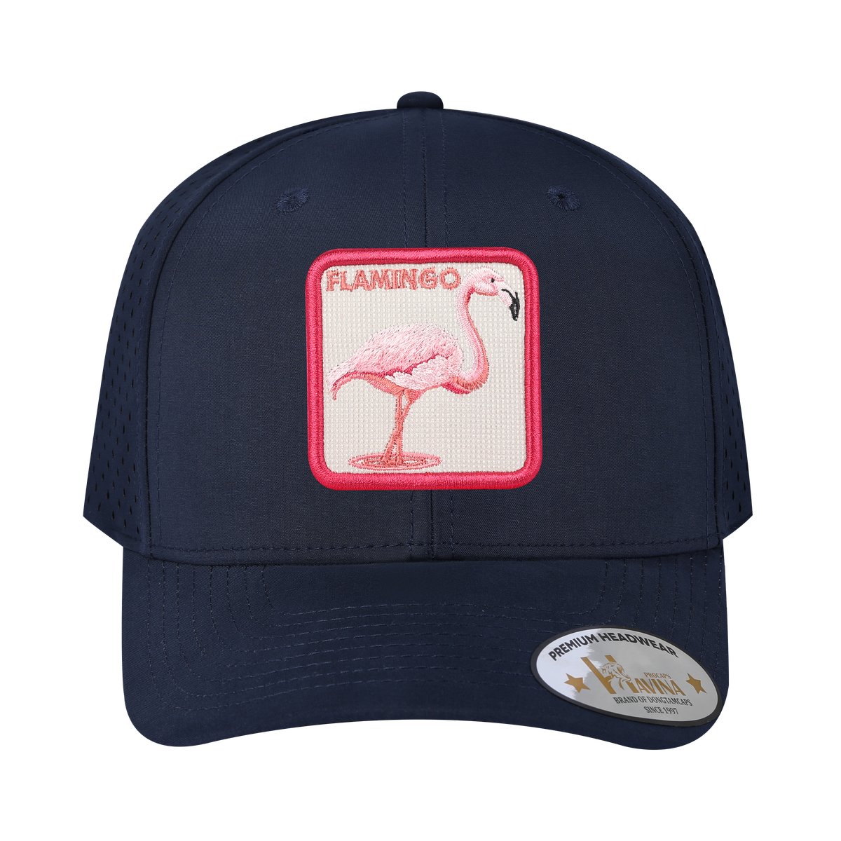 Embroidered The Flamingo - 6 Panel Microfiber Laser hole Trucker Hat - Navy/Navy