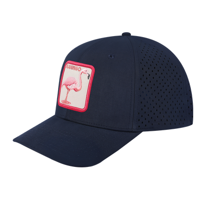 Flamingo 6-Panel Microfiber Laser Hole Trucker Hat with Navy front and Navy back