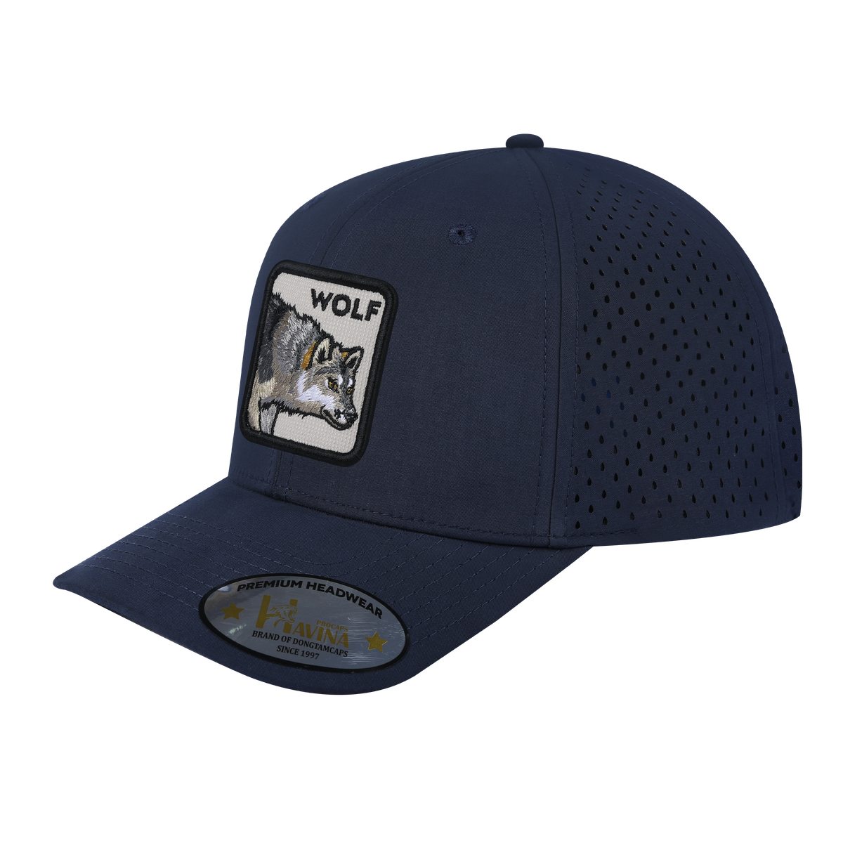 Embroidered The Wolf - 6 Panel Microfiber Laser hole Trucker Hat - Navy/Navy