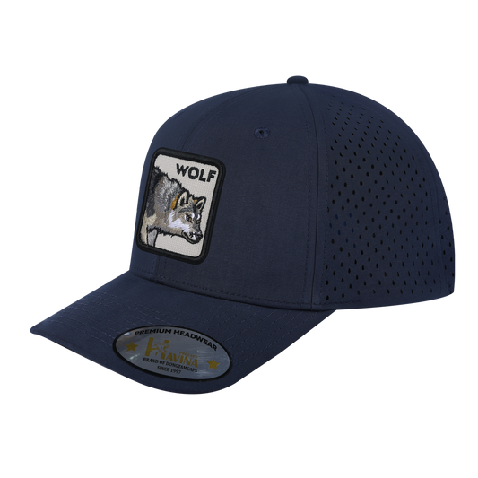 Embroidered The Wolf - 6 Panel Microfiber Laser hole Trucker Hat - Navy/Navy