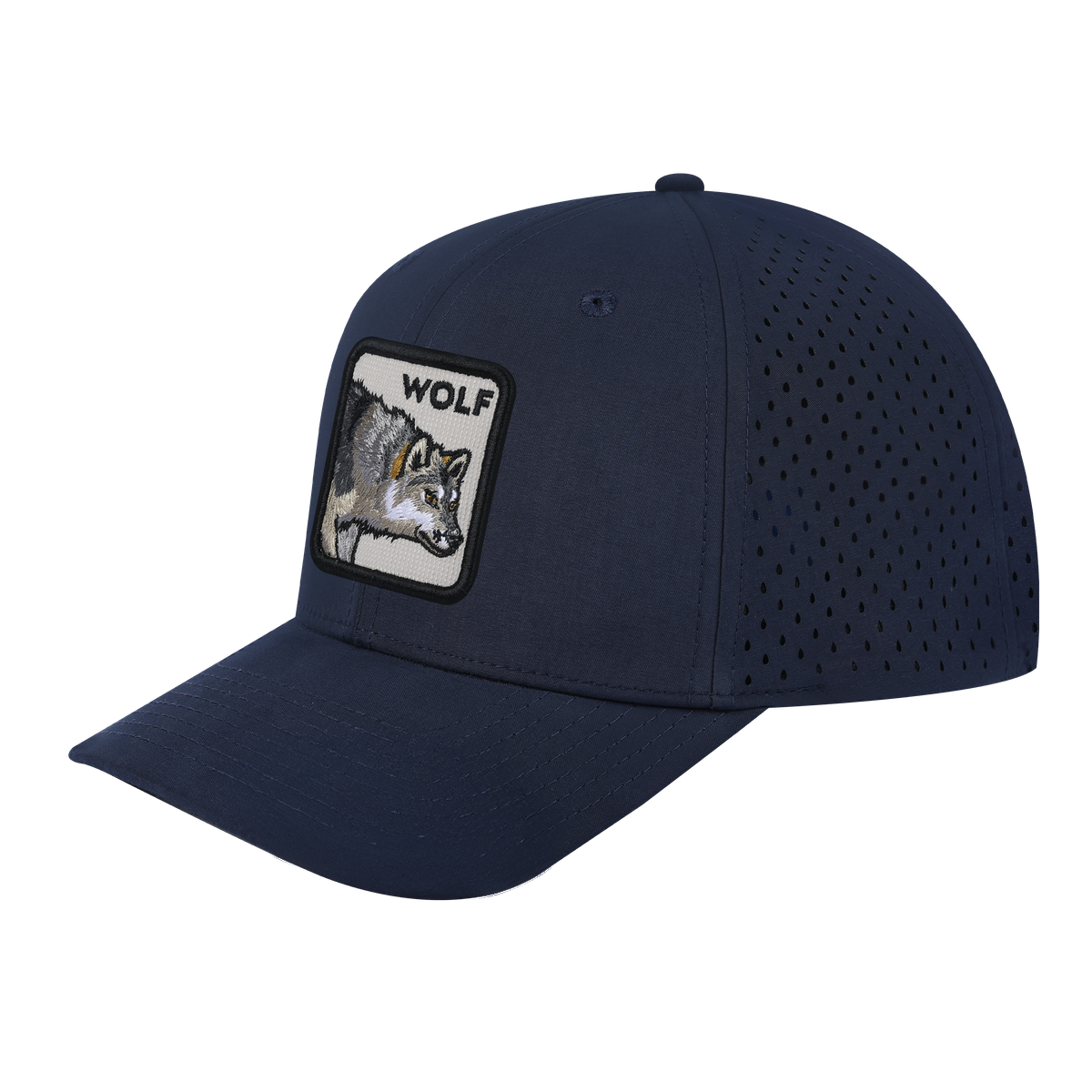 Wolf 6-Panel Microfiber Laser Hole Trucker Hat with Navy front and Navy back